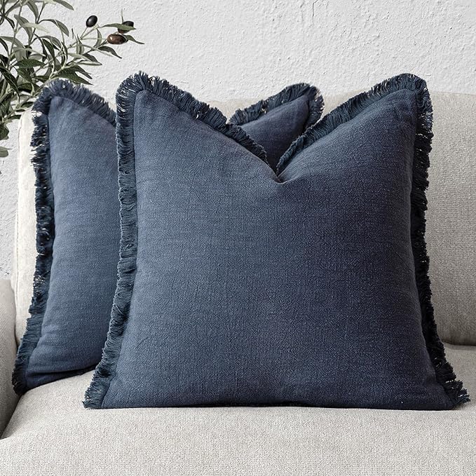 Foindtower Set of 2 Decorative Linen Fringe Throw Pillow Covers Cozy Boho Farmhouse Cushion Cover with Tassels Soft Accent Pillowcase for Couch Sofa Bed Living Room Home Decor, 26×26 Inch, Navy Blue