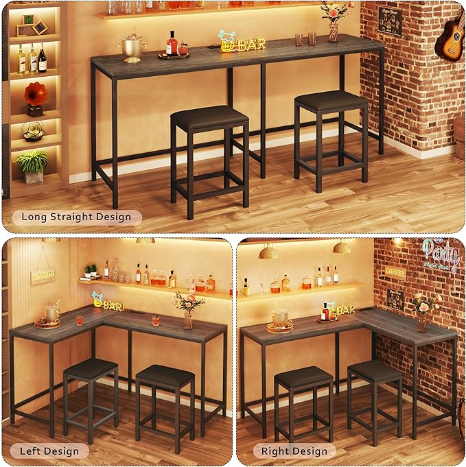 Bar Table and Chairs Set for 2-4, 63'' Convertible L-Shaped Kitchen Table with Power Outlets, 3 Piece Counter Height Small Dining Table with 2 Stools, Space Saving, Breakfast Nook Corner, Grey Oak