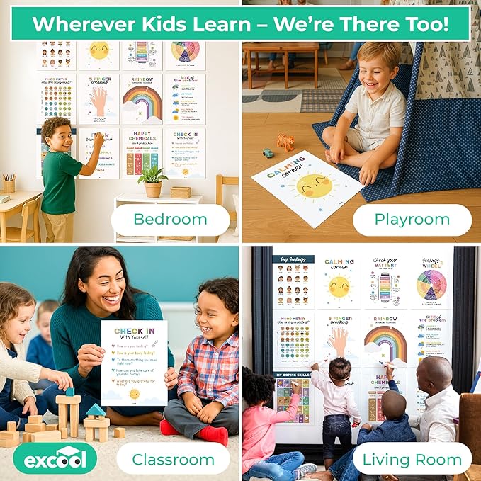 EXCOOL CLUB 12 Toddler Calming Corner Posters For Classroom Decor - 11x14 Feelings Chart For Kids, Calming Posters For Kids Calm Down Corner Supplies, Emotions Poster Classroom Must Haves For Teacher