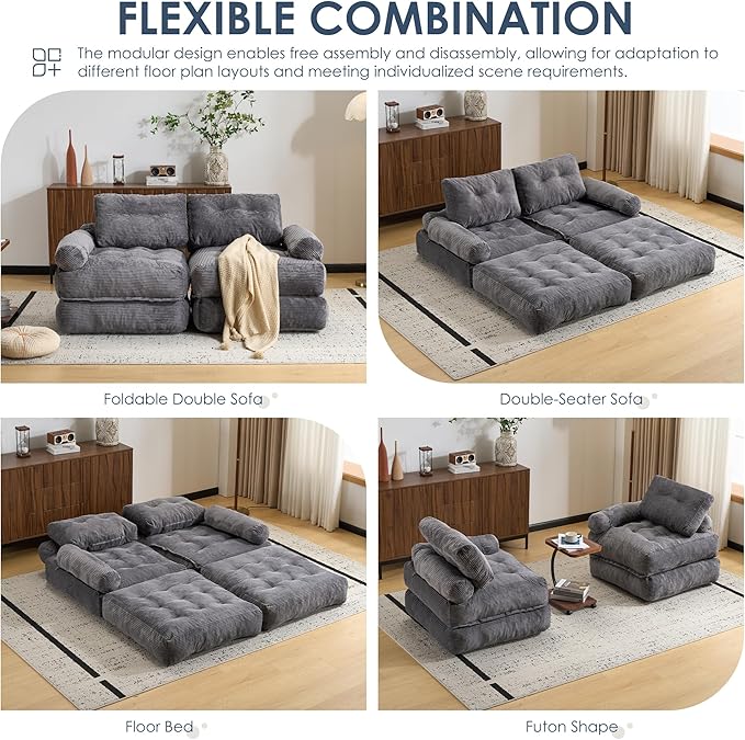 Folding Sofa Bed with Armrest,Convertible Sleeper Chair for Adults, Folding Sofa Bed Foam Filling Couch with Pillow，Sleeper Chairs Single Size Floor Mattress,Grey