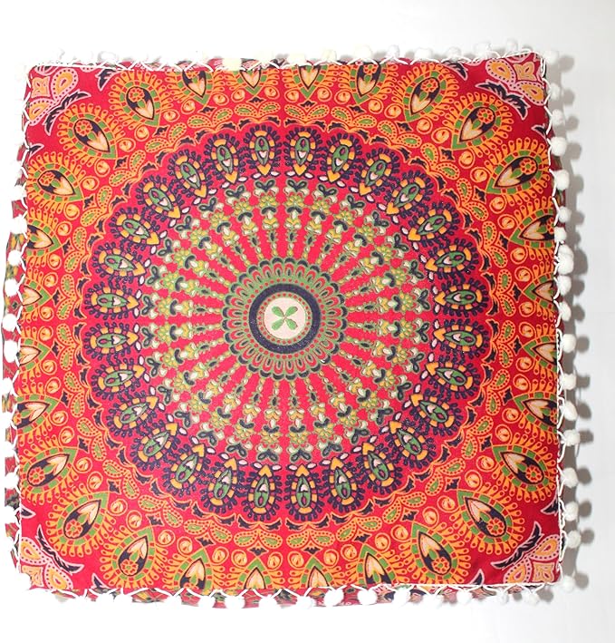 CRAFT KALA Red Peacock Large Hippie Mandala Meditation Floor Ottoman Pillow Cushion Pouf Cover Square Poufs Bohemian Circle Floor Cushion Case Outdoor Fireplace Yoga Living Room Decor Cover 18" Square