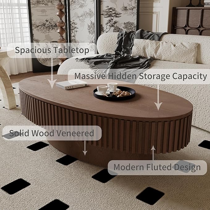 Oval Coffee Table for Living Room Modern Wood Center Tables with Storage Drum Tea Cocktail Fluted Mid Century Apartment Easy Assemble, Walnut 31.5" D x 47.2" W x14.2 H