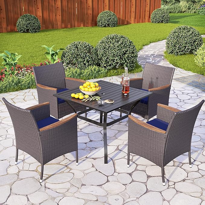 PHI VILLA 35" Rattan Patio Dining Chairs, Perfect for Backyard Bistro Table Outdoor Furniture Garden Table with Umbrella Hole, 4pcs, Black