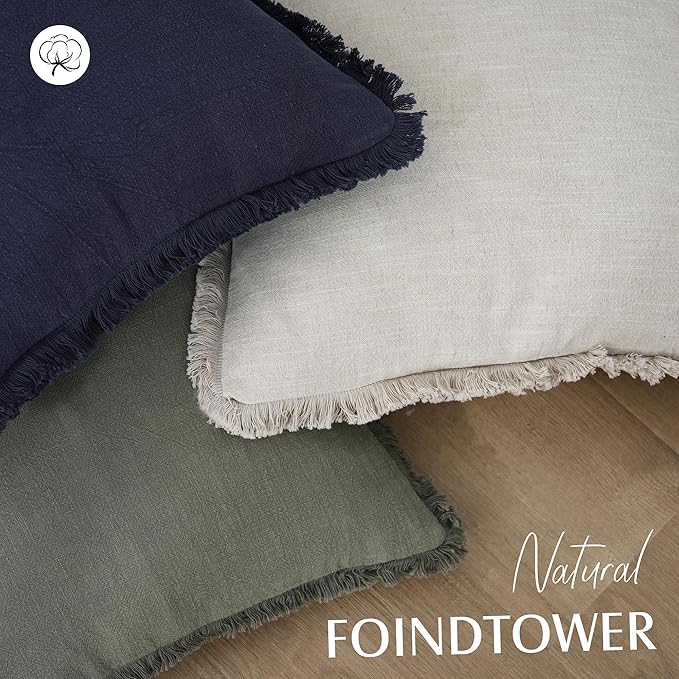 Foindtower Set of 2 Decorative Linen Fringe Throw Pillow Covers Cozy Boho Farmhouse Cushion Cover with Tassels Soft Accent Pillowcase for Couch Sofa Bed Living Room Home Decor, 22×22 Inch, Beige
