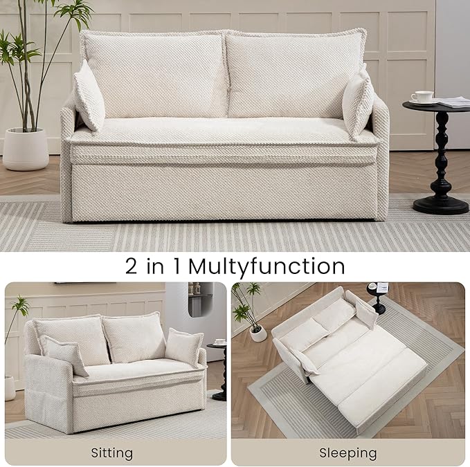 GRAINLLE Pull Out Couch,Loveseat Convertible Sleeper Sofa Bed with USB,Pull Out Sofa Bed Side Storage,2 Pillows,Corduroy Sleeper Couch for Living Room,Bedroom,Apartment,Pet-Friendly(Beige, 59.5'')