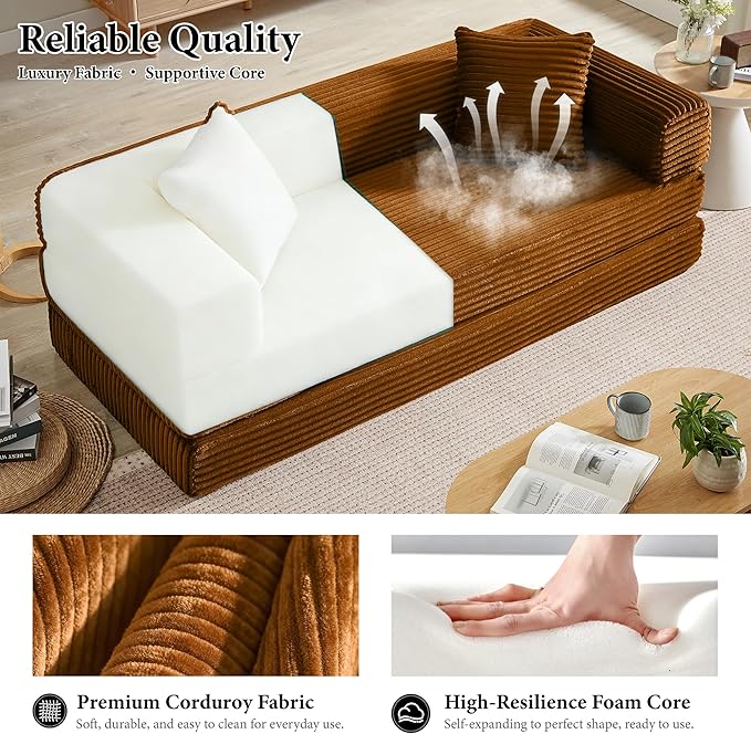 Chorlenimi Boneless Couch Futon Sofa Bed Sectional Couches for Living Room,Cloud Couch with Sleeper Sofa,Sofas for Living Room Oversized Corduroy Upholstered (Orange, 76 Inches (No Iron Frame))
