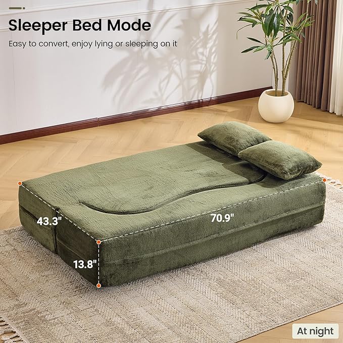Orynveela Convertible Folding Sofa Bed, 71” Single Size Floor Sleeper Couch, Chenille Full Foam Futon Loveseat for Living Room Bedroom, No Assembly Required (Green)