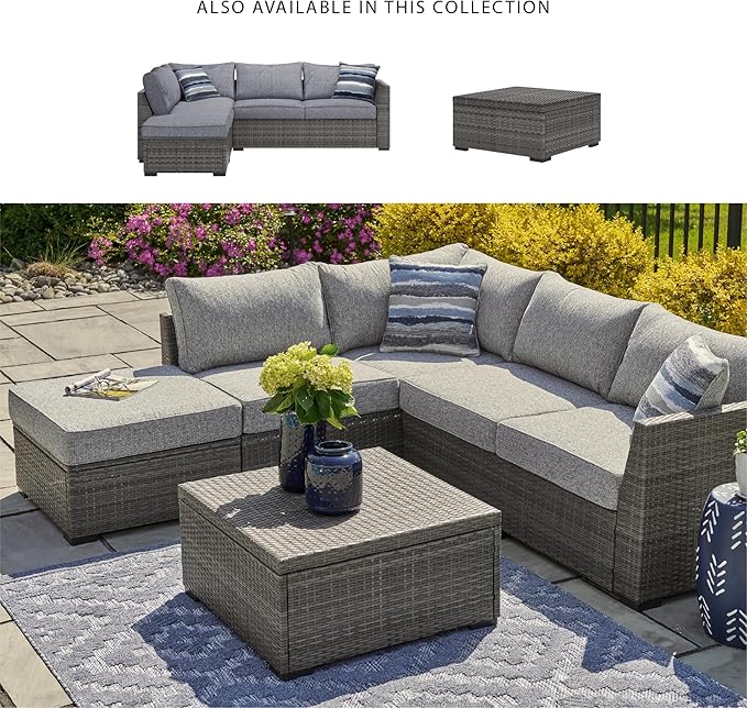 Signature Design by Ashley Petal Road Casual Nuvella Weather Resistant Fabric, Cushioned Outdoor Loveseat Sectional/Ottoman/Table Set with 2 Throw Pillows, Set of 4, Gray