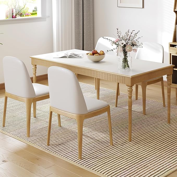 Beige Upholstered backrest Wooden Dining Chairs Set of 4, Beige Upholstered Faux leather Dining Room Chair,SolidWood Frame wood color Side Chairs with Quiet Non-Slip Round Mat for Farmhouse Kitchen