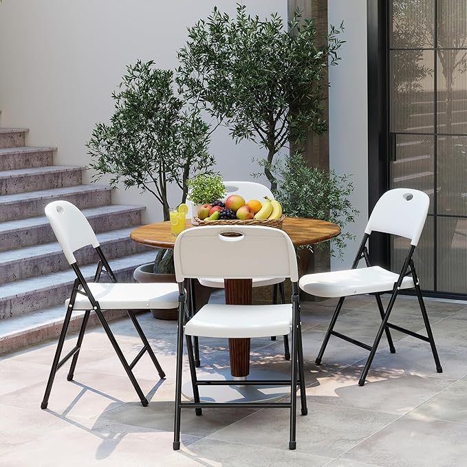Folding Chairs, Plastic Foldable Chair, Outdoor Plastic Sturdy Metal Folding Chairs, Heavy Duty Foldable Commercial Seating for Picnic, Party, Patio 6 Pack White
