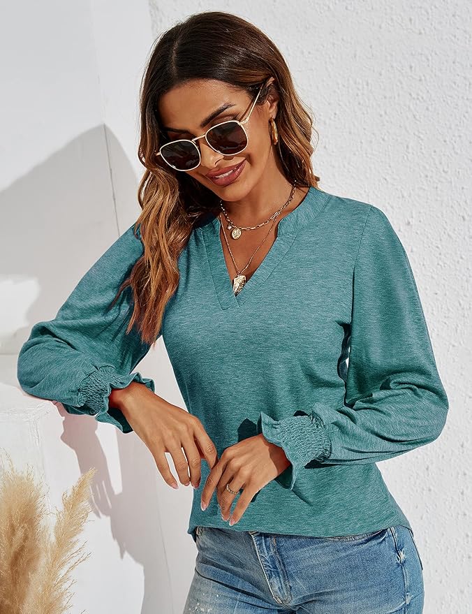 Romanstii Women's Casual V-Neck T-Shirts Loose Puff Long Sleeve Tops Tunic Blouses
