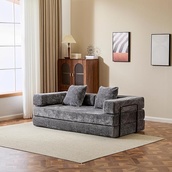 77" Convertible Foldable Floor Couch, 3-Seat Futon Sleeper Sofa for Living Room, Bedroom, or Apartment, with Pillow Backrest and Armrests, Chenille Fabric, No Assembly Required, Dark Grey