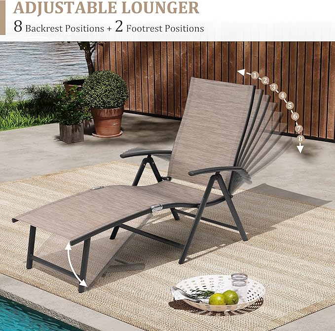 VredHom 4PCS Patio Chaise Lounge Outdoor Folding Adjustable Lounge Chair Recliner with 8 Adjustable Backrest Positions for Pool Beach Yard, Textliene and Aluminum Frame
