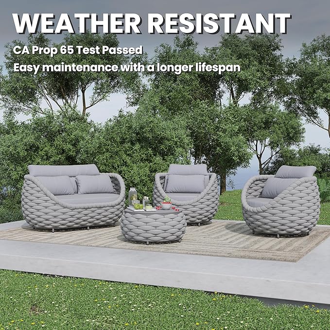 Erotr Rope Outdoor Patio Furniture Set: 6 Pieces Aluminum Porch Conversation Sofa Set - Modern Hand Woven Deck Couch Set Cushioned - No Assembly All Weather for 660lbs Yard Garden Lanai Hotel, Gray