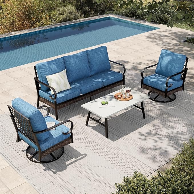 HERA'S HOUSE 4 Piece Metal Patio Furniture Set, All Weather Outdoor Conversation Set with 3 Seat Sofa, 2 Swivel Chairs & Coffee Table, Seats 5 for Backyard, Garden, Deck, Pacific Blue