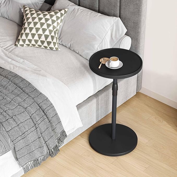 IRCPEN Adjustable End Table, Small Round Side Table, Drink Table for Small Spaces, Pedestal Nightstand for Living Room, Bedroom, Sofa Couch, Black Wood Grain ET-010BW