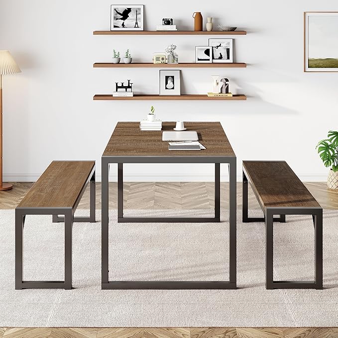 IMUsee 3PC 47.2" Dining Table Set for 4 with Benches, Heavy Duty Metal Frame, Small Space Saving Kitchen Dinette, Wood Board and Grey Legs