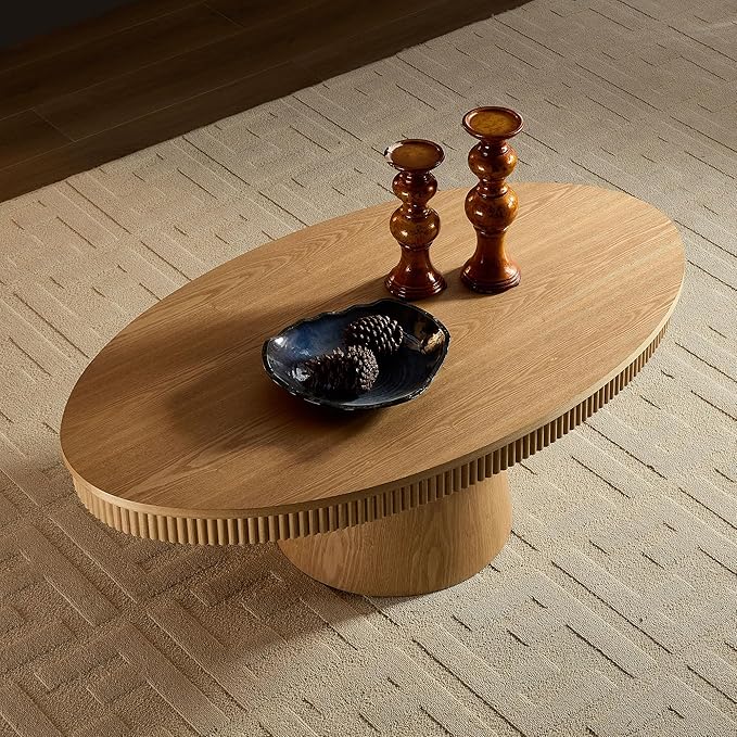 Coffee Table Modern Oval Wood Coffee Tables Mid Century Center Fluted Farmhouse Drum Tea Boho Wooden for Living Room Apartment Home Office Oka 47.24" W x 26.77" D x 15.86" H