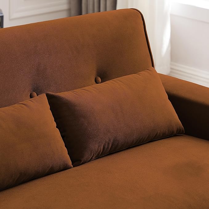 48" Loveseat Sofa, 2 Seater Love Seat Mid Century Modern Small Couches for Living Room Bedroom Apartment, 2 Throw Pillows and Plastic Legs, Orange