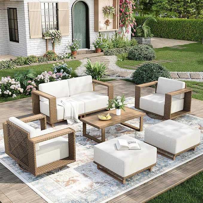 MIXPATIO Outdoor Patio Furniture Set, 7 Piece Outdoor Rattan Wicker Sofa Couch, Conversation Sets with 2 Swivel Sofa, 2 Armchairs, 2 Ottomans and Coffee Table