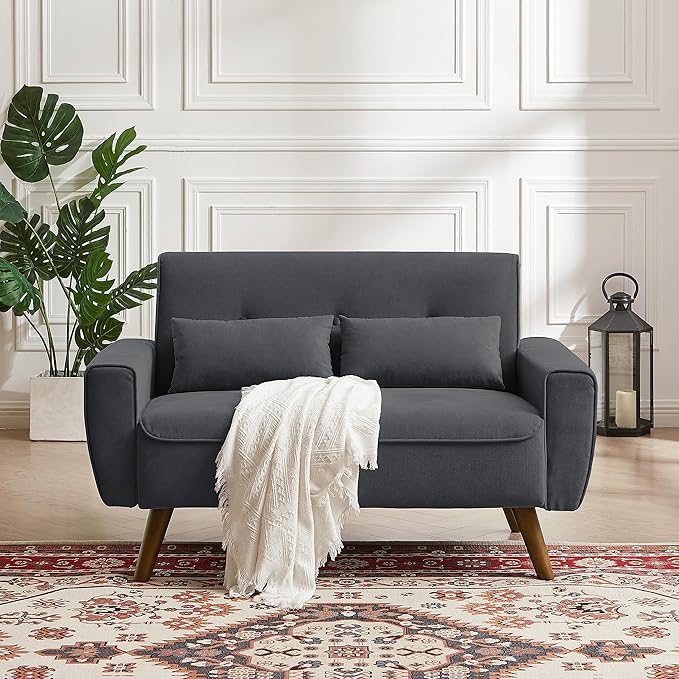 48" Loveseat Sofa, 2 Seater Love Seat Mid Century Modern Small Couches for Living Room Bedroom Apartment, 2 Throw Pillows and Plastic Legs, Dark Grey