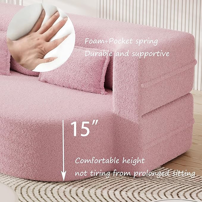 SZLIZCCC 78'' Modern Floor Sofa Bed, Convertible Teddy Fabric Sleeper with 2 Pillows, Modern Teddy Fabric Floor, Foam Folding Mattress for Living Room, Guest Bed, Playroom & Small Spaces (Pink)