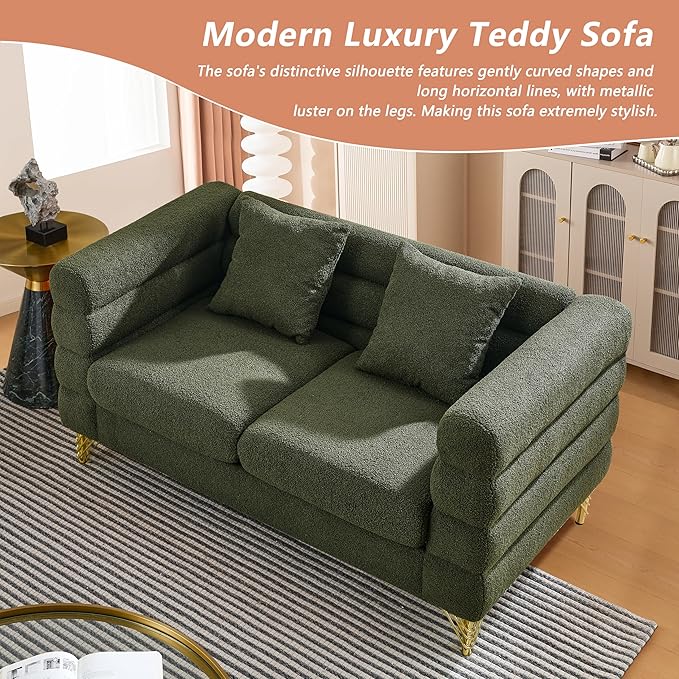mikibama Luxury Teddy Sofa Set for Living Room, Modern Decor Furniture Sectional Sofa, 3 Seater Couch and Loveseat with 5 Pillows for Apartment, Office, Hall (Green)