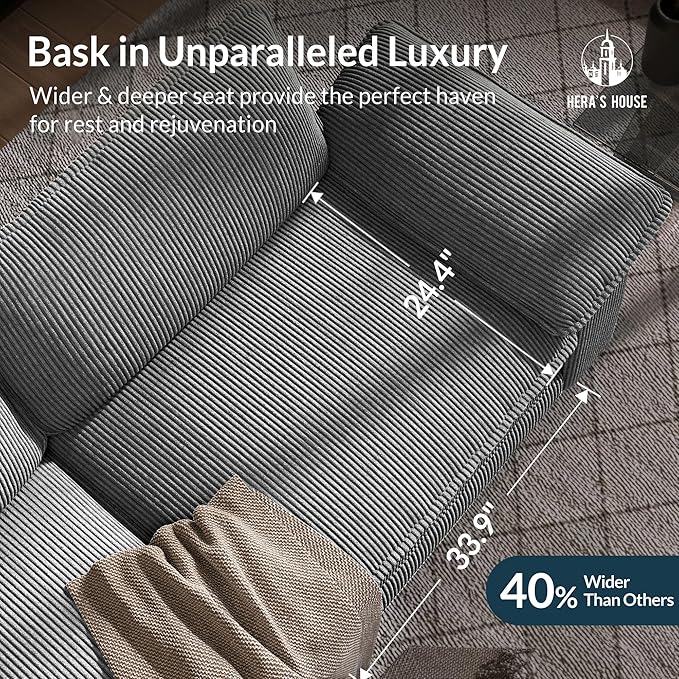 HERA'S HOUSE 124" Modular Sectional Sofa, Oversized Couches for Living Room, Comfy Cloud Couch 3-Seater Deep Seat Sofa with Throw Pillow, Corduroy Grey