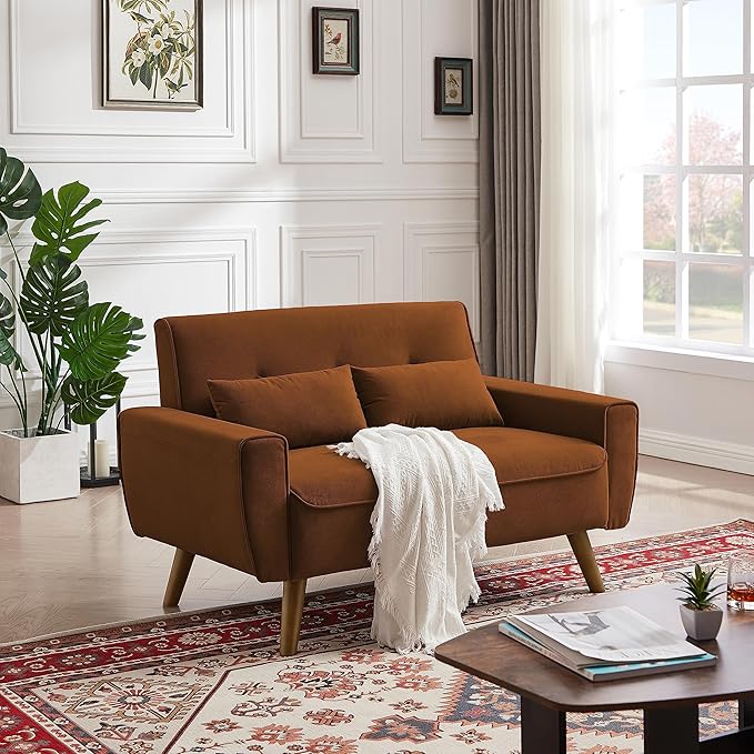 48" Loveseat Sofa, 2 Seater Love Seat Mid Century Modern Small Couches for Living Room Bedroom Apartment, 2 Throw Pillows and Plastic Legs, Orange
