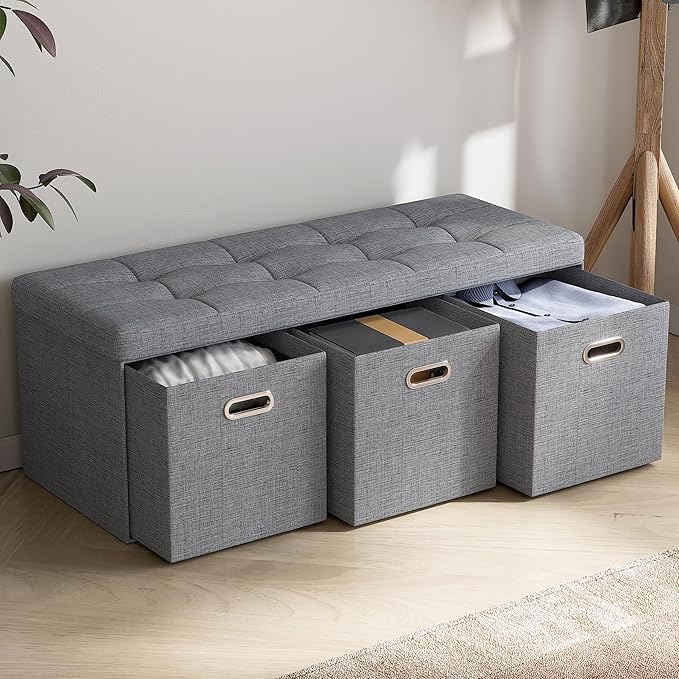 Ornavo Home Storage Ottoman with 3 Drawers, 40 Inches Long Foldable Tufted Linen Large Bench Ottoman with Storage, Foot Rest Stool Seat, for Living Room, Bedroom, Entryway, Gray