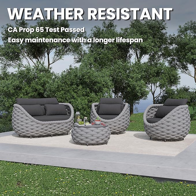 Erotr 4 Pieces Assembled Patio Conversation Sets, Hand Woven Rope Outdoor Furniture Sofa Set - Aluminum Modern Cushions Couch Armchair Table Set - All Weather for Indoor Deck Porch Backyard Hotel