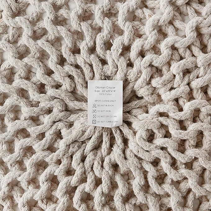 REDEARTH · Round Pouf Ottoman - Cable Knitted Boho Poof - Home Décor Cord Pouffe Handmade Circular Footrest for Living Room - Bedroom - Kids Bedroom - 100% Cotton Pouf (18" x 18" x 14") - Ivory