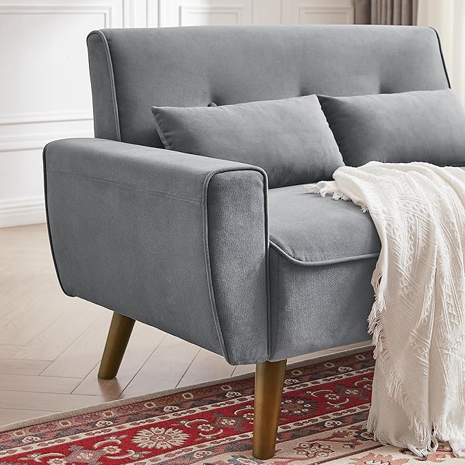 48" Loveseat Sofa, 2 Seater Love Seat Mid Century Modern Small Couches for Living Room Bedroom Apartment, 2 Throw Pillows and Plastic Legs, Light Grey