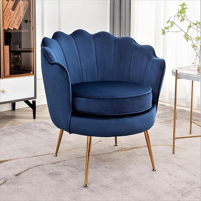 Container Furniture Direct Velvet Barrel Accent Chair with Scalloped Silhouette and Gold Metal Legs, Decorative Piece Suitable for Traditional, Modern, and Contemporary Spaces, Navy Blue