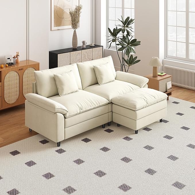 Aoowow Modular Sectional Sofa Modern Convertible Loveseat Couch,85 Inch Deep 2-Seater Sofas Comfy Chenille Cloud Sofas and Couches Set with Movable Ottoman for Living Room Apartment(Beige)