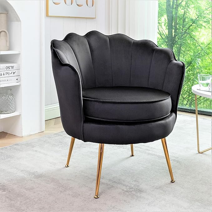 Container Furniture Direct Velvet Barrel Accent Chair with Scalloped Silhouette and Gold Metal Legs, Decorative Piece Suitable for Traditional, Modern, and Contemporary Spaces, Black
