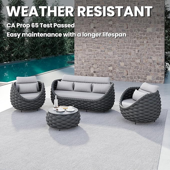 Erotr Modern Outdoor Living Room Furniture Set: 4-Piece Alumunim Assembled Woven Rope Accent Patio Conversation Set, All-Weather Lounge Sofa Set for Porch Backyard Garden Deck Poolside Hotel