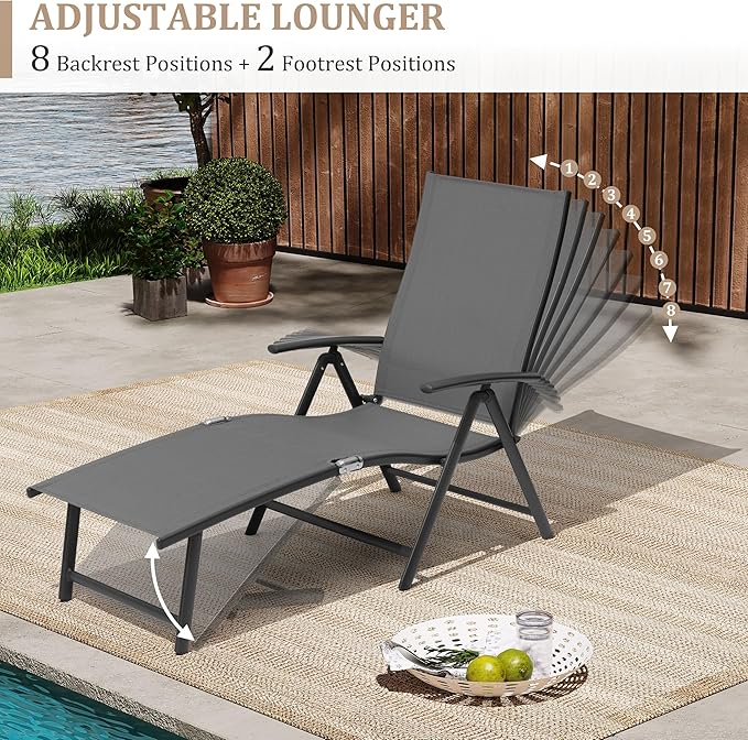 VredHom 4PCS Patio Chaise Lounge Outdoor Folding Adjustable Lounge Chair Recliner with 8 Adjustable Backrest Positions for Pool Beach Yard, Textliene and Brown Aluminum Frame