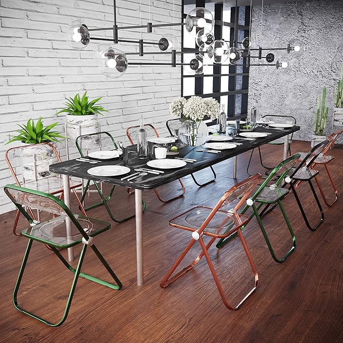 LeisureMod Lawrence Modern Transparent Acrylic Folding Chair with Metal Frame (Orange)