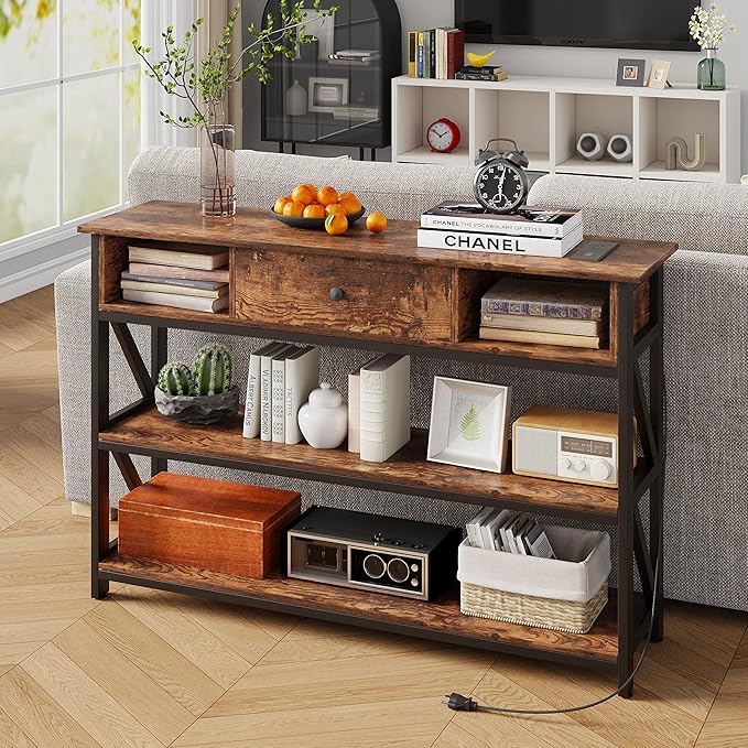 Mexin 47 Inch Console Table with 2 Outlet and 2 USB Ports, Entryway Table with Drawer and Storage Shelves, Narrow Sofa Table for Living Room and Hallway, Vintage Brown