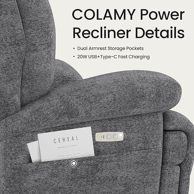 COLAMY Floren Power Swivel Recliner Chair with USB & Type-c Charge,Oversized and Padded Upholstered Deep Seat and Armrest，Rocking Recliner with Double Storage Pockets,Dark Gray