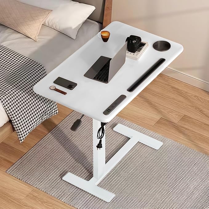Overbed Bedside Table with Wheels Adjustable Height, Mobile Hospital Bed Table with USB Port, Rolling Standing Laptop Bed Table for Study, Office, Home, White