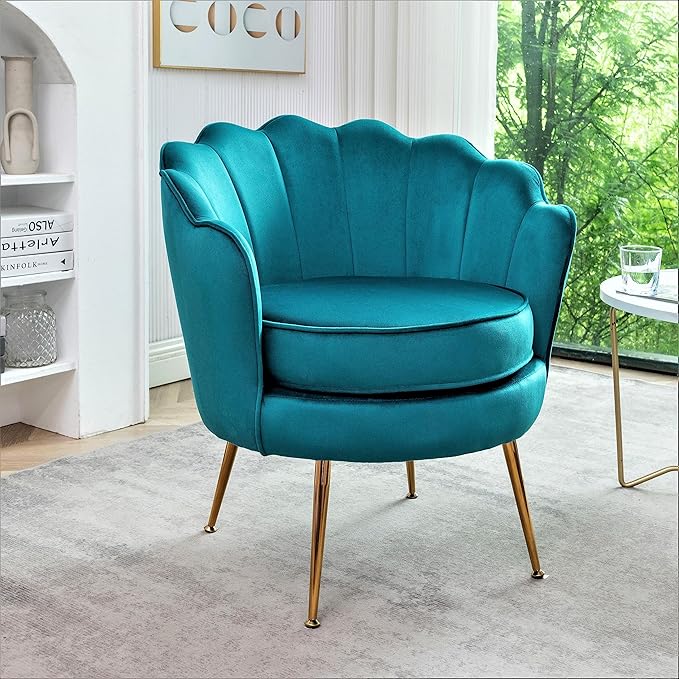 Container Furniture Direct Velvet Barrel Accent Chair with Scalloped Silhouette and Gold Metal Legs, Decorative Piece Suitable for Traditional, Modern, and Contemporary Spaces, Greenish Blue