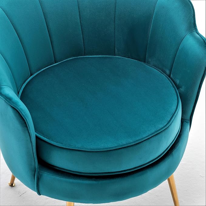 Container Furniture Direct Velvet Barrel Accent Chair with Scalloped Silhouette and Gold Metal Legs, Decorative Piece Suitable for Traditional, Modern, and Contemporary Spaces, Greenish Blue