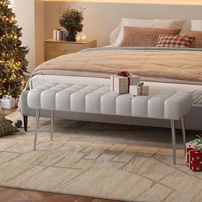 Apicizon 44.5”Ottoman Bench, Modern Faux Leather Bedroom Bench with Square Pull Point Design, Modern Cushion Ottoman Bench for Bedroom, Living Room, Entryway，White