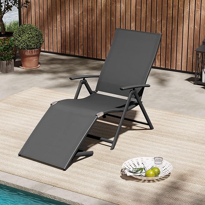 VredHom Patio Chaise Lounge Outdoor Adjustable Folding Lounge Chair Recliner with 8 Adjustable Backrest Positions for Pool Beach Yard, Textliene & Brown Aluminum Frame