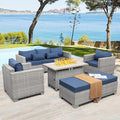 WAROOM Patio Furniture Set 6 Piece Grey Wicker Outdoor Sectional Sofa Balcony Furniture Couch PE Rattan Conversation Sets with Fire Pit Table, Blue Cushion