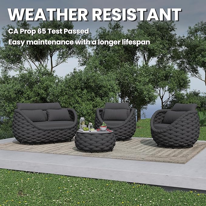 Erotr 4 Pieces Outdoor Patio Furniture Set, All Weather Textilene Patio Conversation Set Patio Sofa and Loveseat Set with Table Cushions for Bistro Poolside Garden Backyard Hotel - Dark Gray