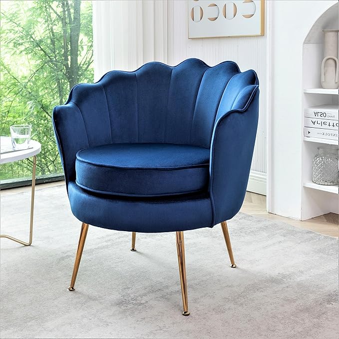 Container Furniture Direct Velvet Barrel Accent Chair with Scalloped Silhouette and Gold Metal Legs, Decorative Piece Suitable for Traditional, Modern, and Contemporary Spaces, Navy Blue