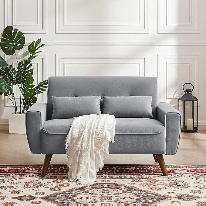 48" Loveseat Sofa, 2 Seater Love Seat Mid Century Modern Small Couches for Living Room Bedroom Apartment, 2 Throw Pillows and Plastic Legs, Light Grey